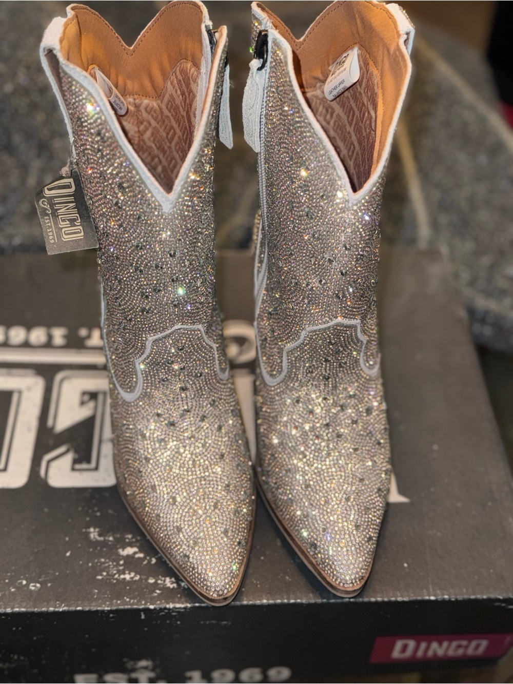 Dingo Silver Crystal Embellished Heeled Cowboy Boots - Picture 2 of 8